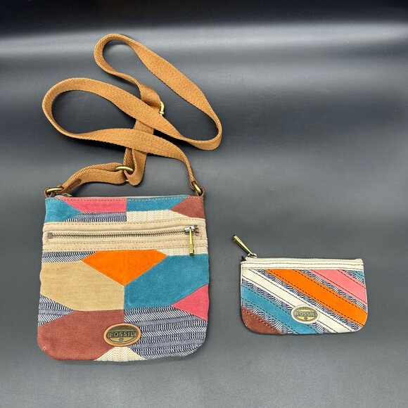 Fossil Patchwork Crossbody Purse Coin Pouch Wallet Vintage 90s Y2K Boho Leather - Picture 2 of 13